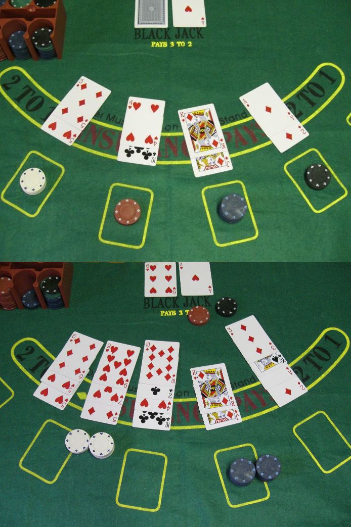 Jugadores de poker concentrados en una mesa de juego, uno mirando sus cartas y otro pensando.