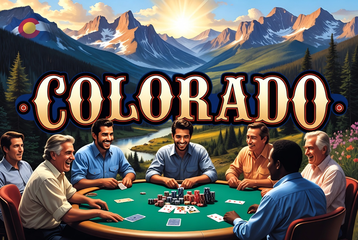 Mesa de poker con fichas y cartas en un casino de Colorado.