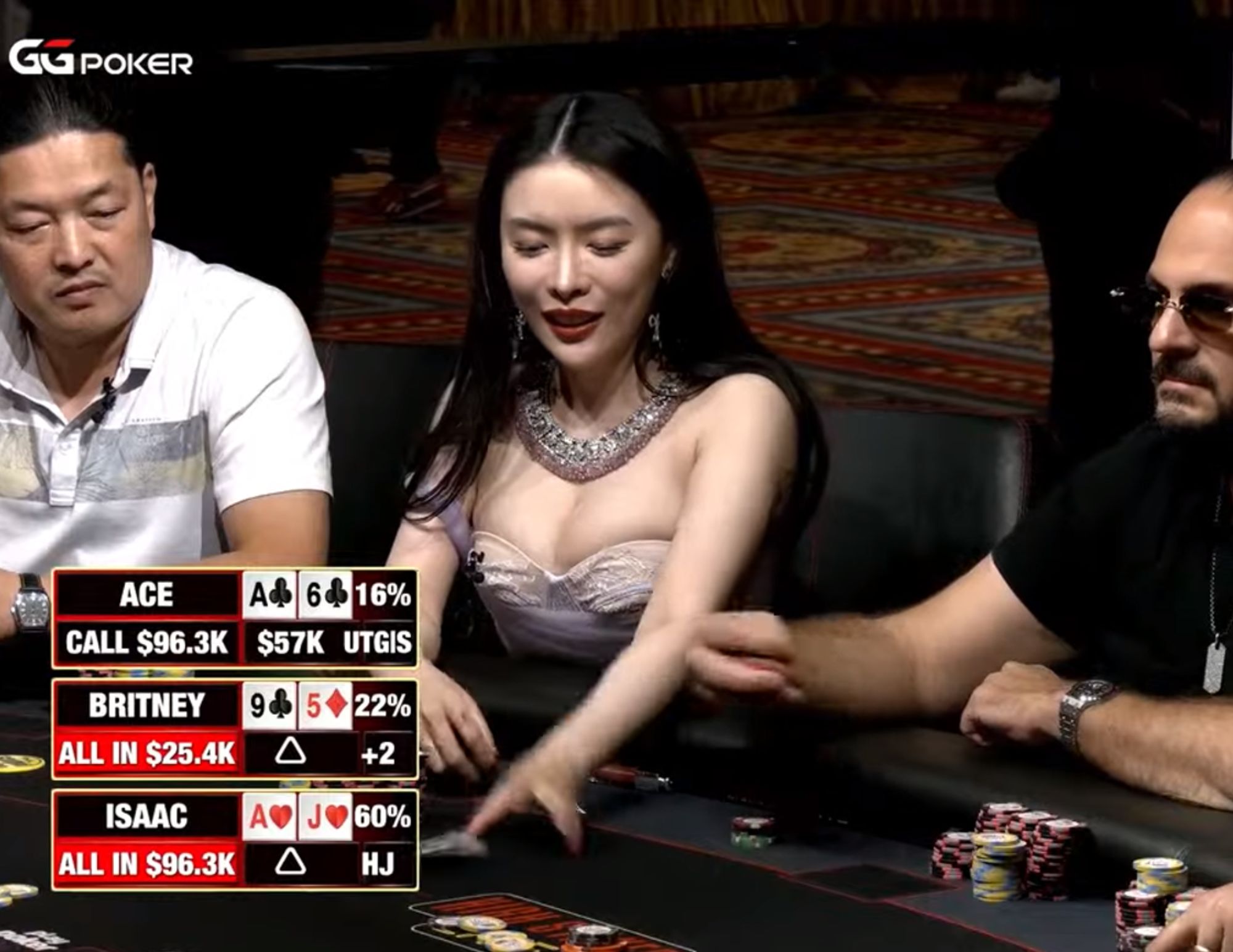 Jugadores de poker en una mesa de casino con fichas y cartas.