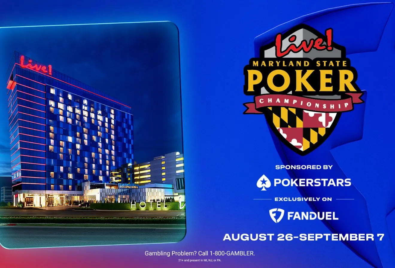 Gracze przy stole pokerowym podczas turnieju, z widocznymi kartami i żetonami, a w tle dyskretne logo PokerStars.