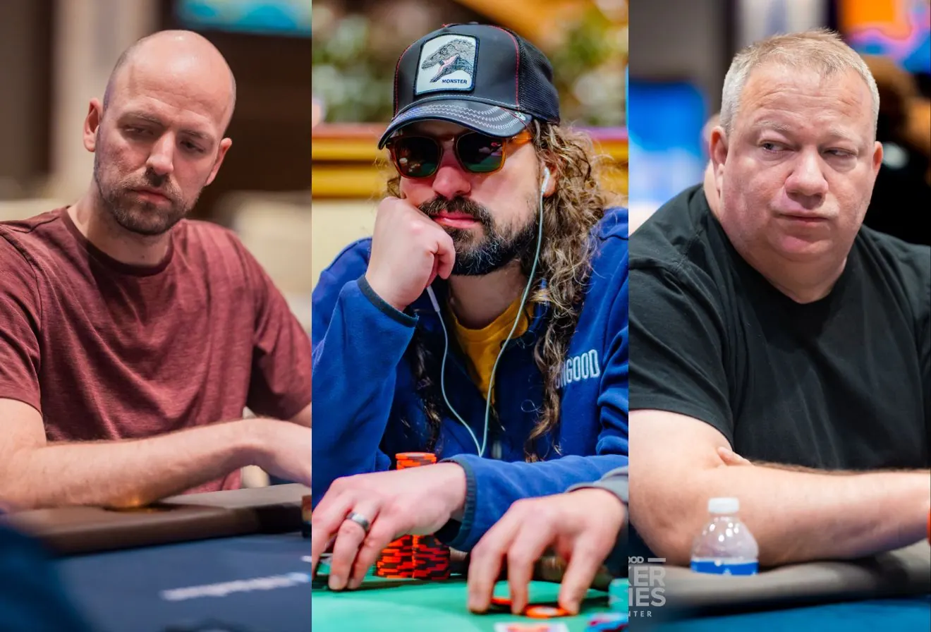 Cinco jugadores profesionales de poker en una mesa final de torneo, con fichas y cartas, representando la serie RunGood Poker Series