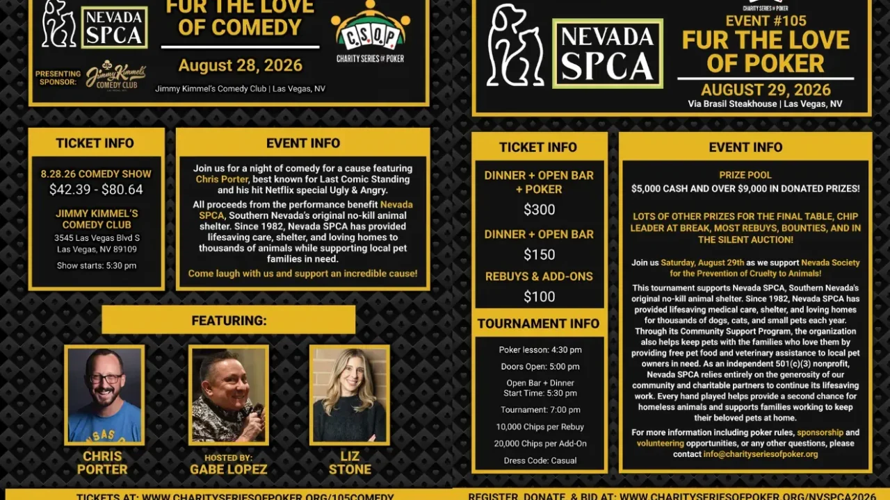 CSOP organiza fin de semana benéfico en Las Vegas para animales sin hogar con show de comedia y torneo de póquer