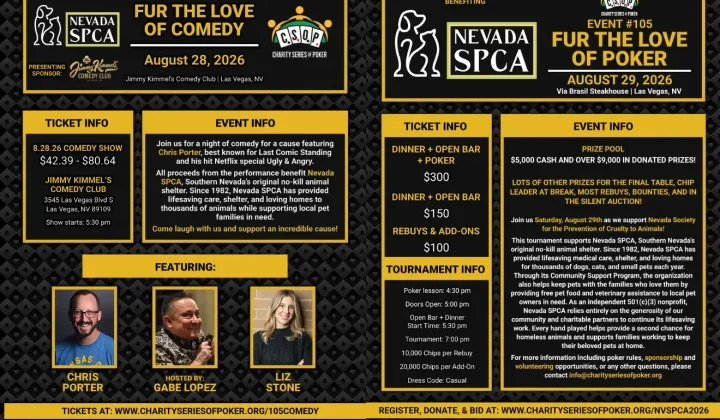 CSOP organiza fin de semana benéfico en Las Vegas para animales sin hogar con show de comedia y torneo de póquer