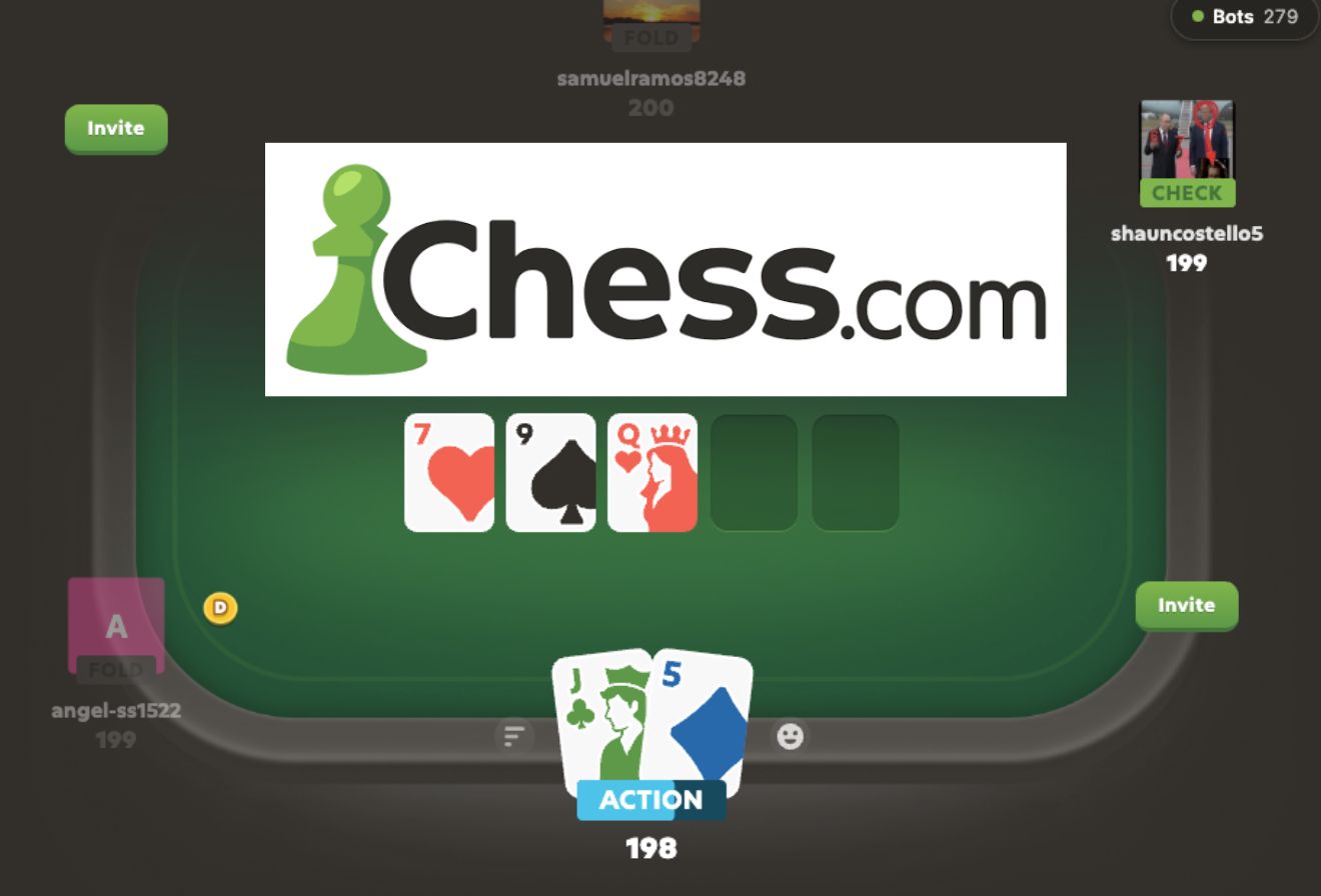 Interfaz de Gambit, la nueva plataforma de póker de Chess.com, mostrando una mesa de póker y fichas