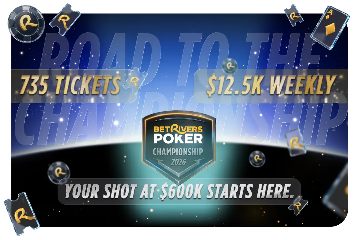 Pantalla de torneo de póker online con trofeo y fichas, interfaz de BetRivers Poker