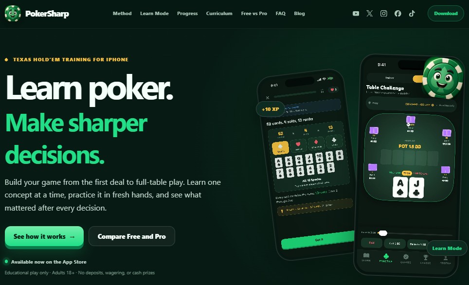 PokerSharp: una app para aprender Texas Hold’em con lecciones cortas y práctica sin dinero real